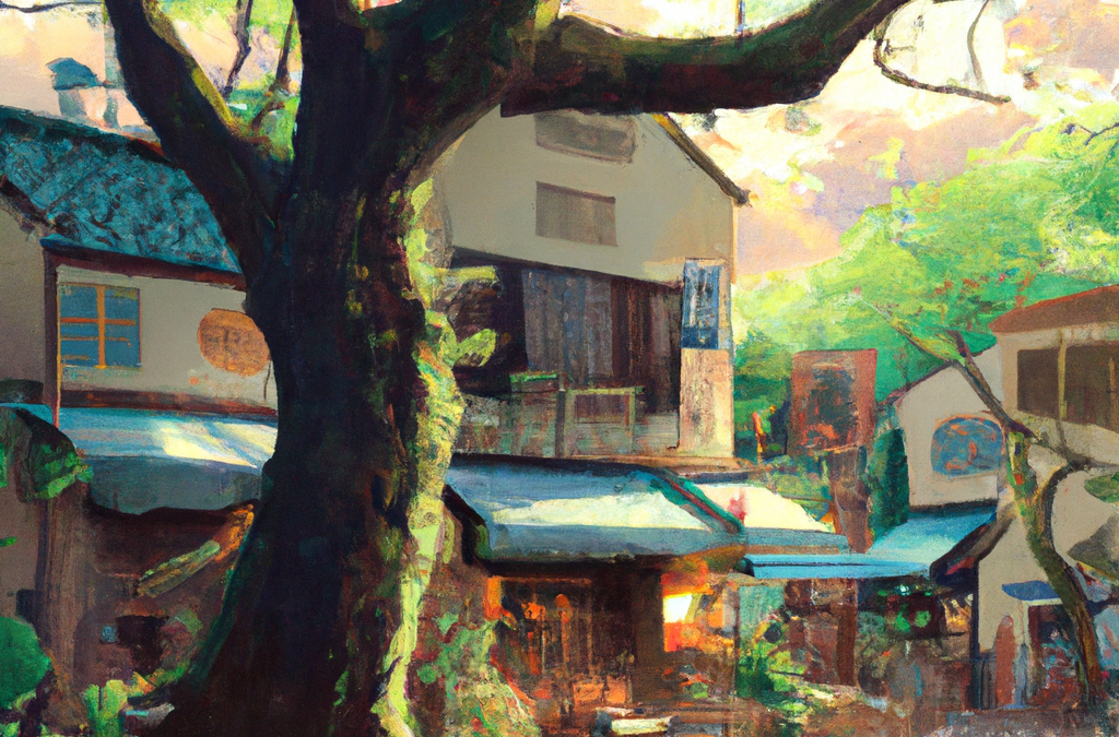 Why rent instead of buying, japan, tokyo, trees, izakaya, anime oil painting, high resolution, ghibli inspired, 4k