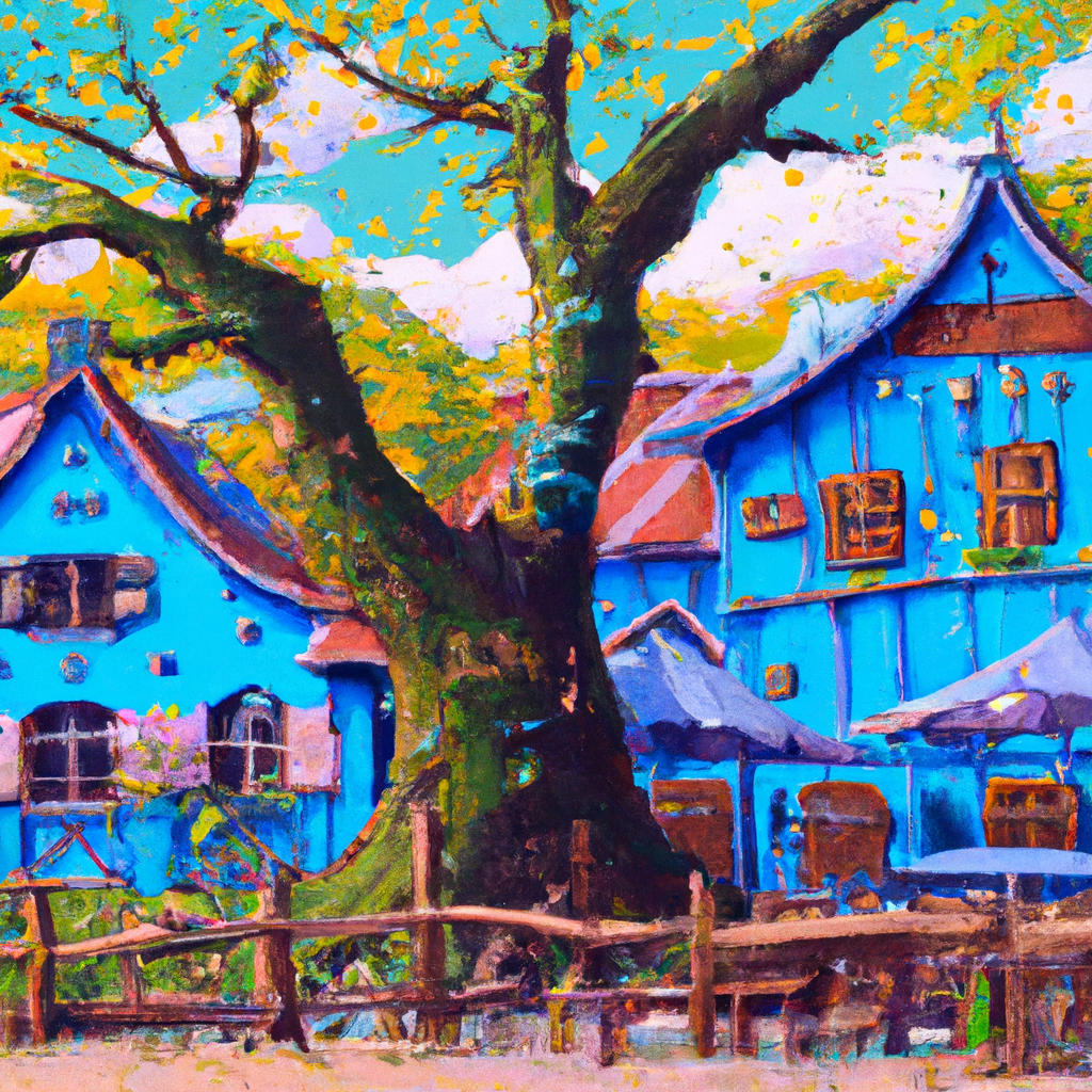 houses,trees, izakaya, anime oil painting, high resolution, ghibli inspired, 4k,blue background